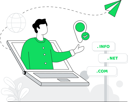 Illustration of person from laptop showing HostLama have all domain types like .com, .net, .info.